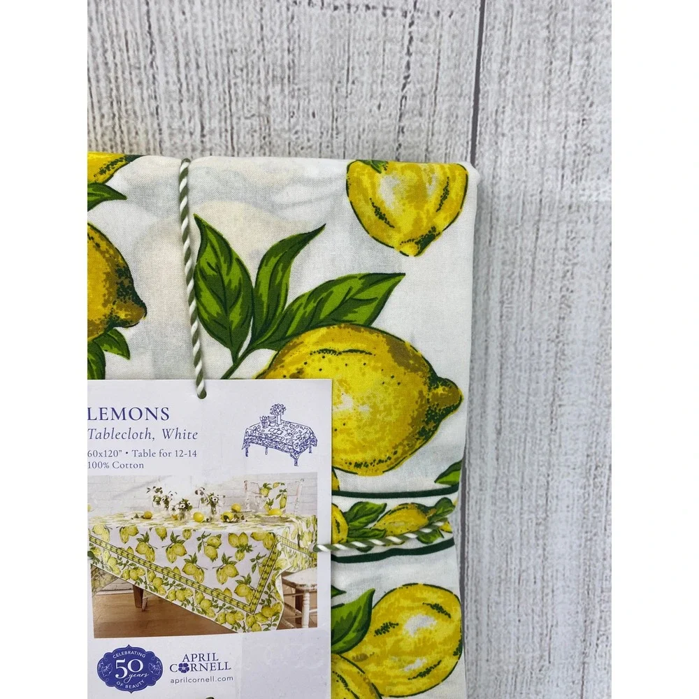 April Cornell Tablecloth 60x120 Lemons White Yellow Cotton Fruit Print Summer